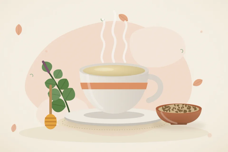 Warm cup of water with honey dipper, tulsi sprig and a small bowl of ajwain on a soft peach background