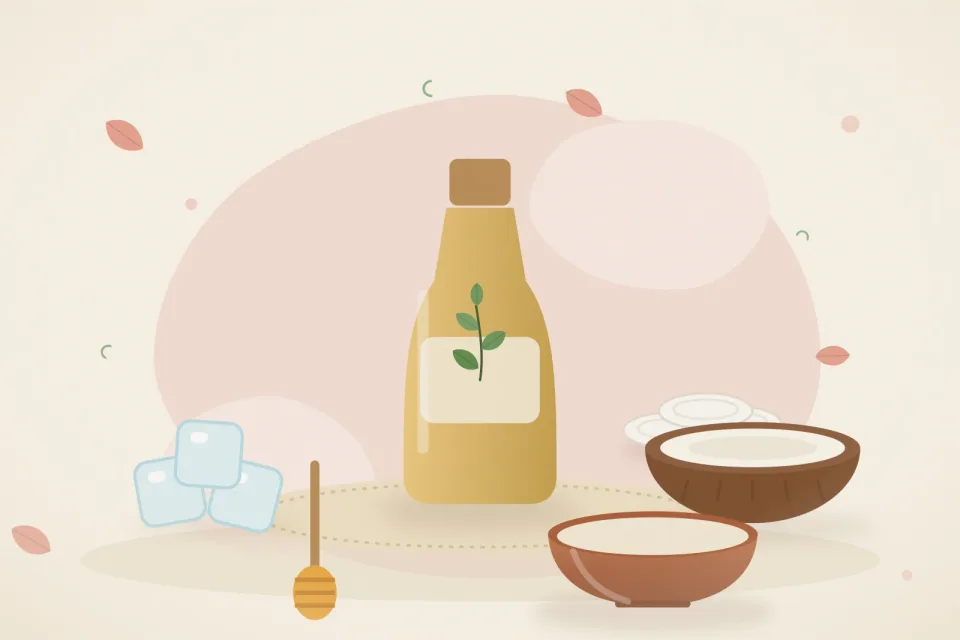 Illustrated still life with ice, coconut, honey.