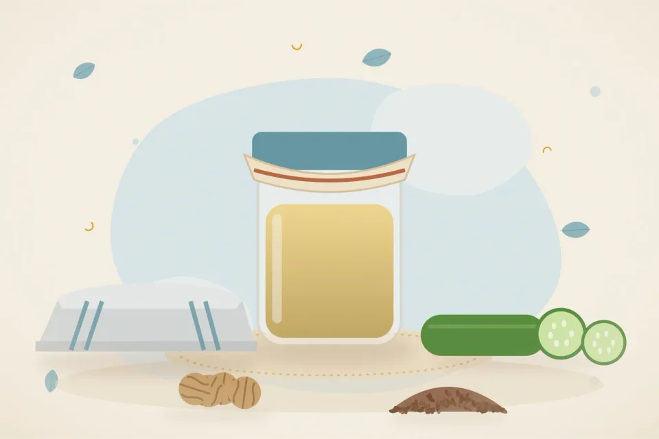 Folded warm cloth compress, a glass jar of ghee, flaxseeds and cucumber slices on a pale blue background