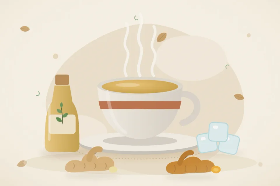 A bottle of sesame oil, ice cubes, a cup of ginger-turmeric tea, fresh ginger and turmeric root on a sandy beige background