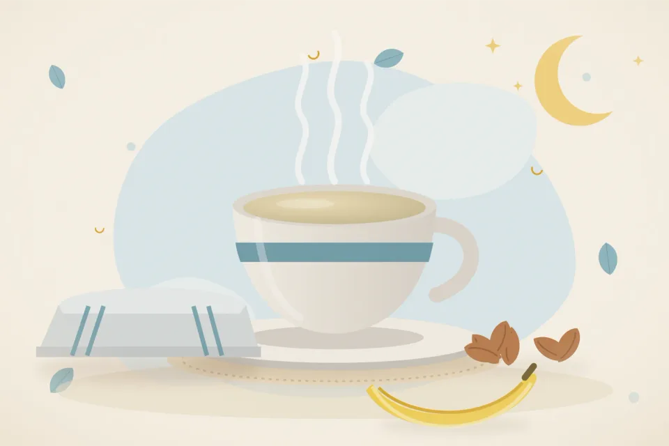 Warm cup of chamomile-style herbal tea, a folded warm cloth, almonds and a crescent moon on a pale blue background