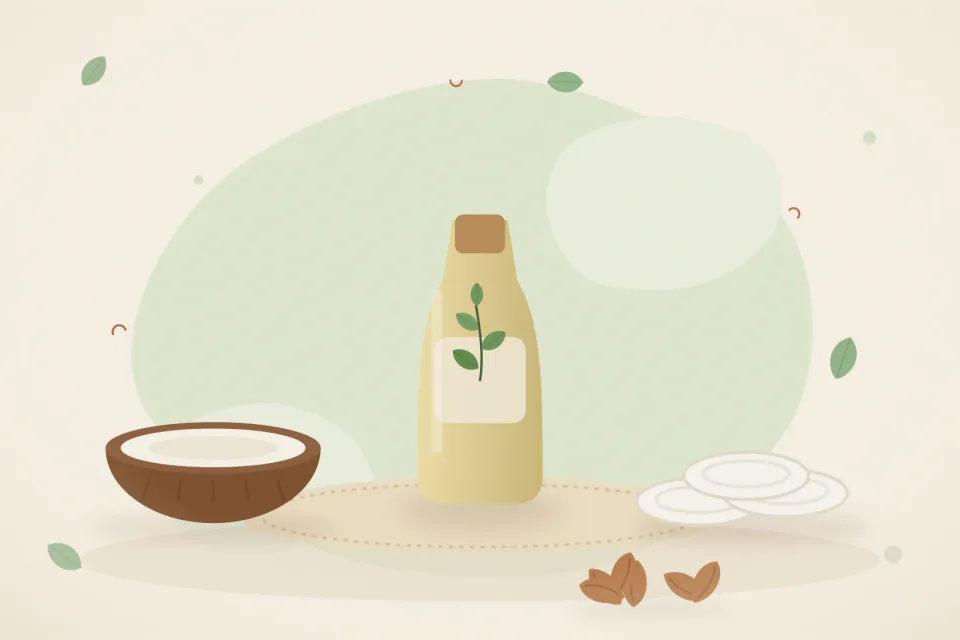 Small bottle of castor oil, half a coconut, cotton pads and almonds on a leaf-green background
