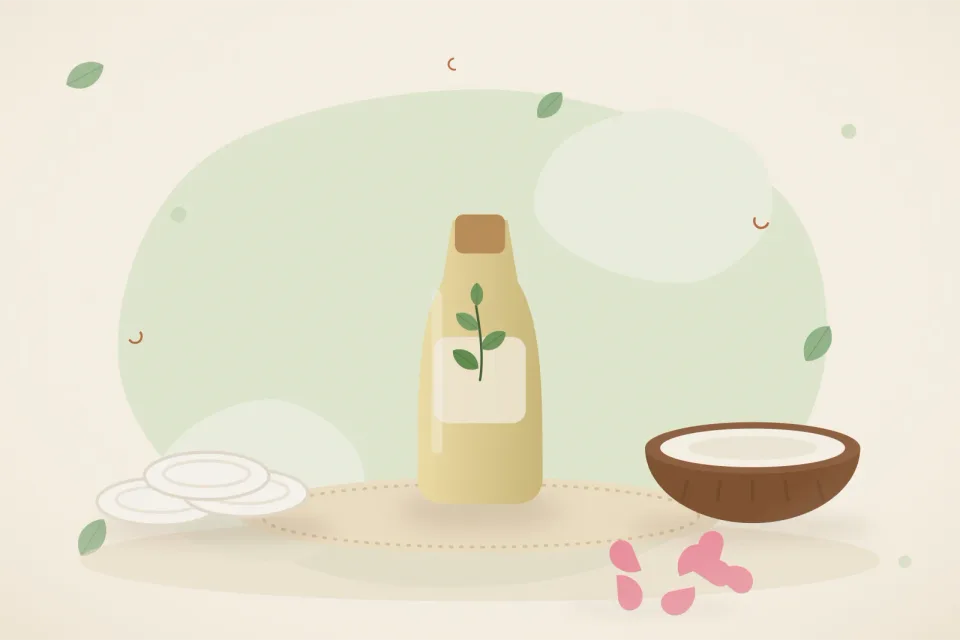 Cotton pads, a small bottle of castor oil, half coconut and rose petals on a leaf-green background