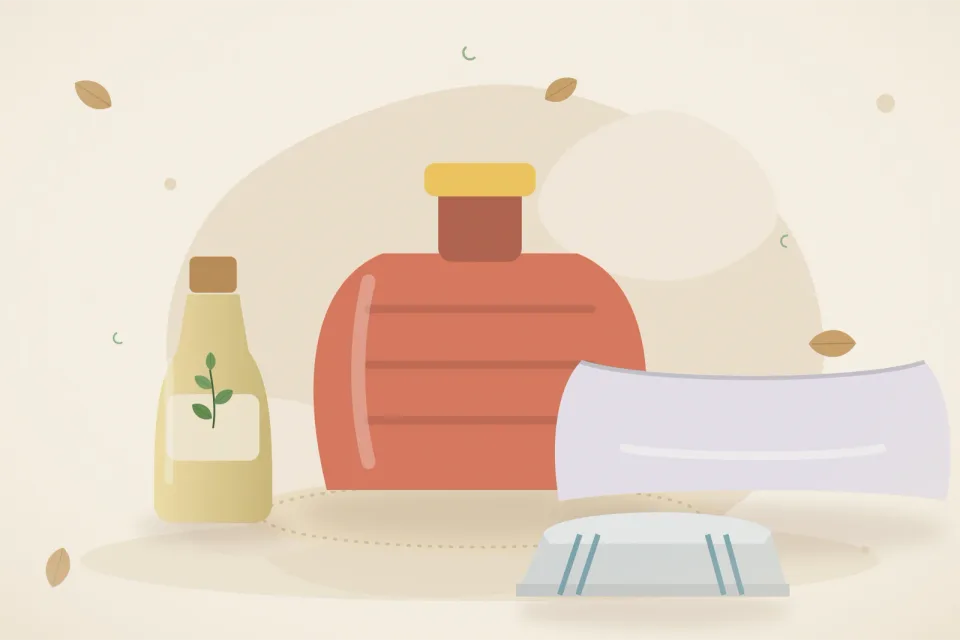 A hot water bag, a bottle of castor oil, a soft pillow and a folded towel on a sandy beige background