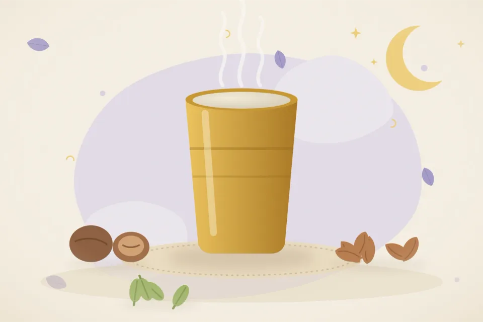 Brass cup of warm milk with nutmeg, cardamom pods and almonds under a crescent moon on a lavender background