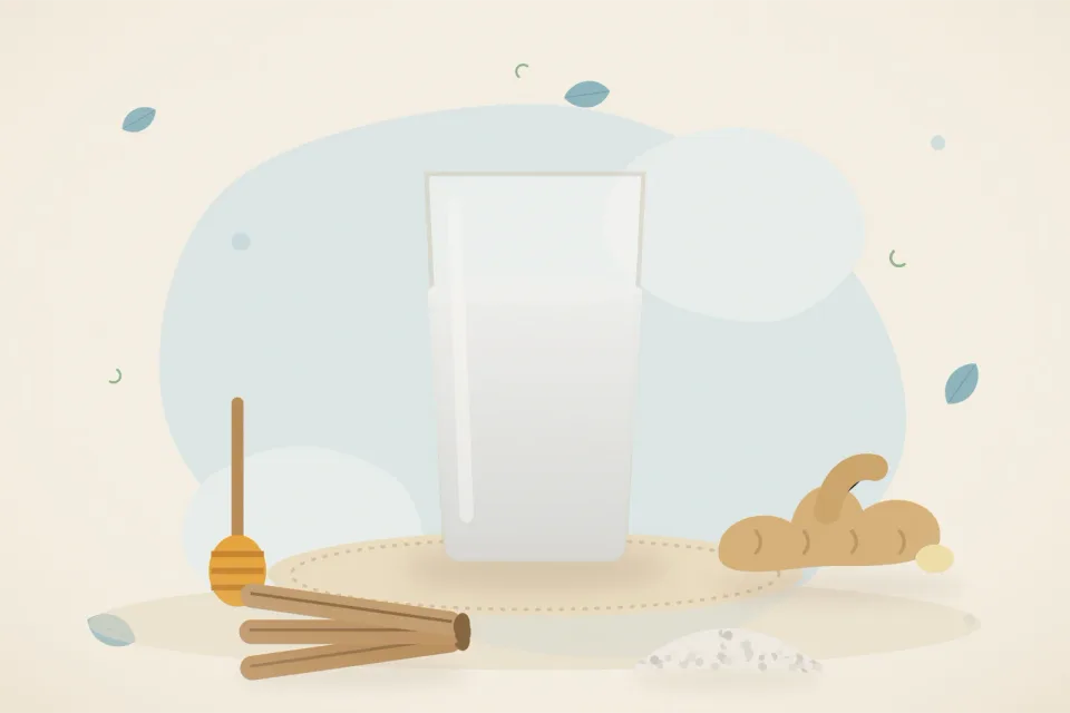 A glass of warm salt water, a honey dipper, fresh ginger, mulethi sticks and a small bowl of salt on an icy-blue background