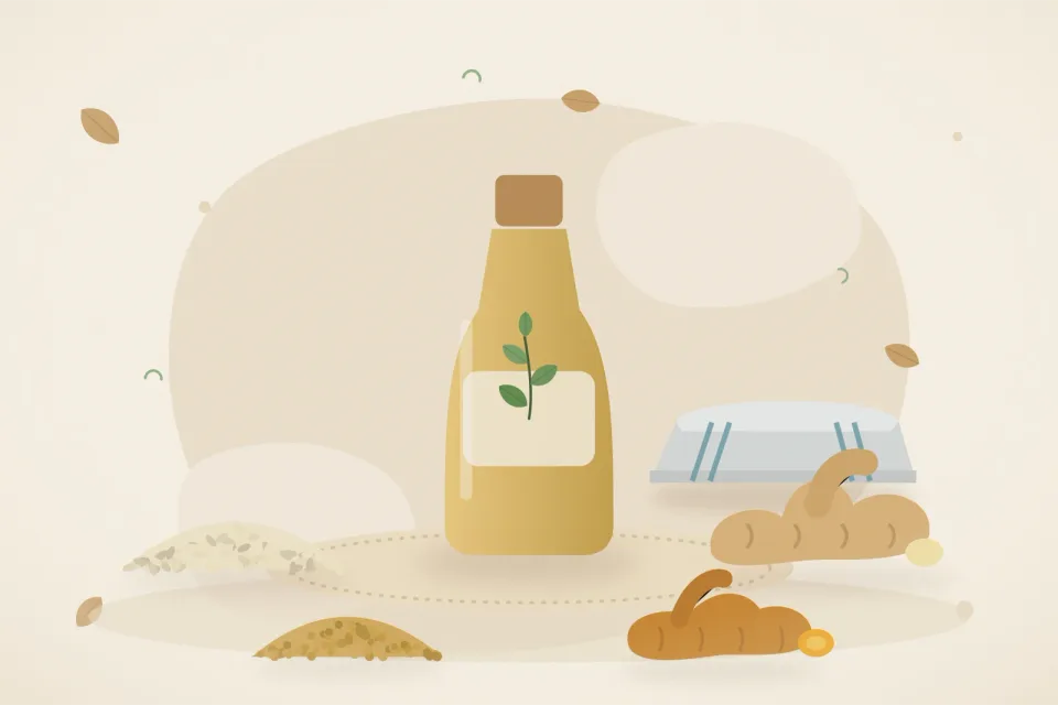 Illustrated still life with sesame seeds, fresh ginger, fenugreek seeds, turmeric root.