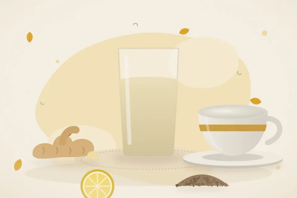 Fresh ginger slices with a pinch of rock salt and lemon, a glass of jeera water, cumin seeds and a cup of buttermilk on a turmeric-yellow background