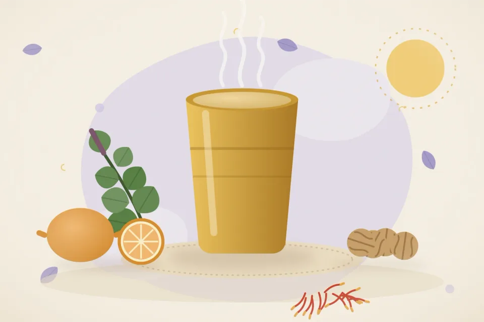 Sunny cup of saffron milk, oranges, walnuts and a sprig of tulsi under a bright sun on a lavender background