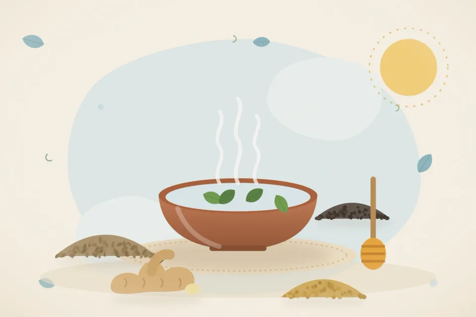 Illustrated still life with ajwain seeds, honey, fresh ginger, fenugreek seeds, black pepper.