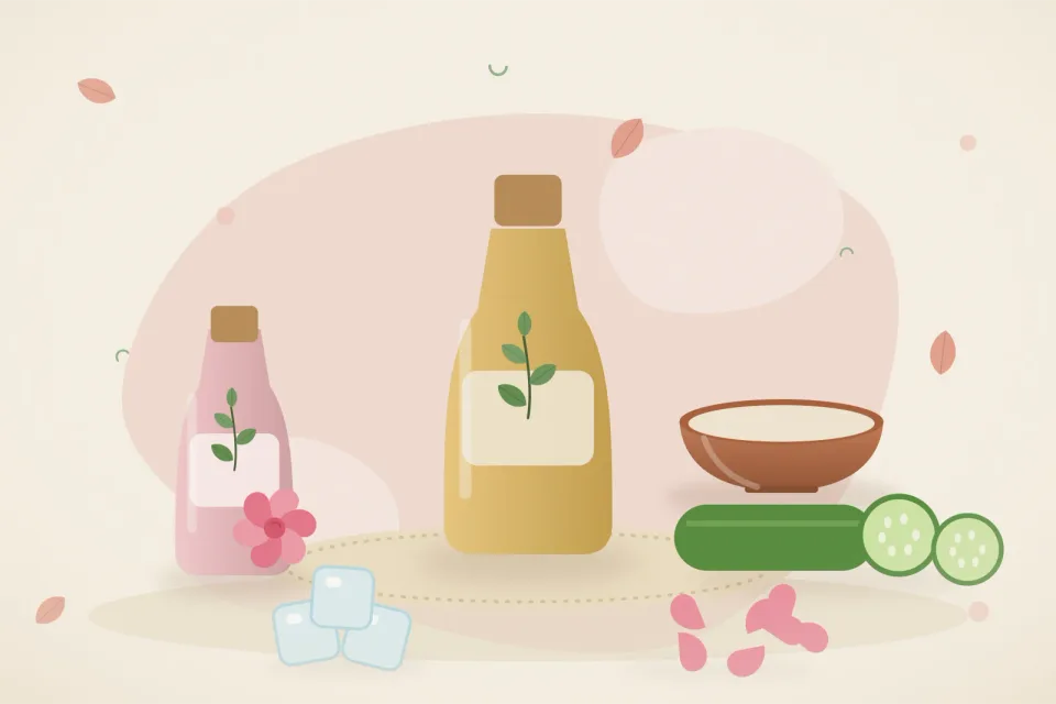 Illustrated still life with rose water, cucumber, ice, rose petals.
