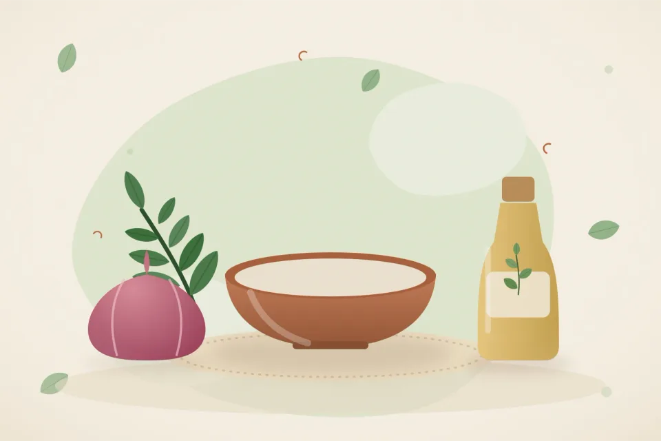 Red onion, a bowl of onion juice, a bottle of coconut oil and a sprig of curry leaves on a leaf-green background