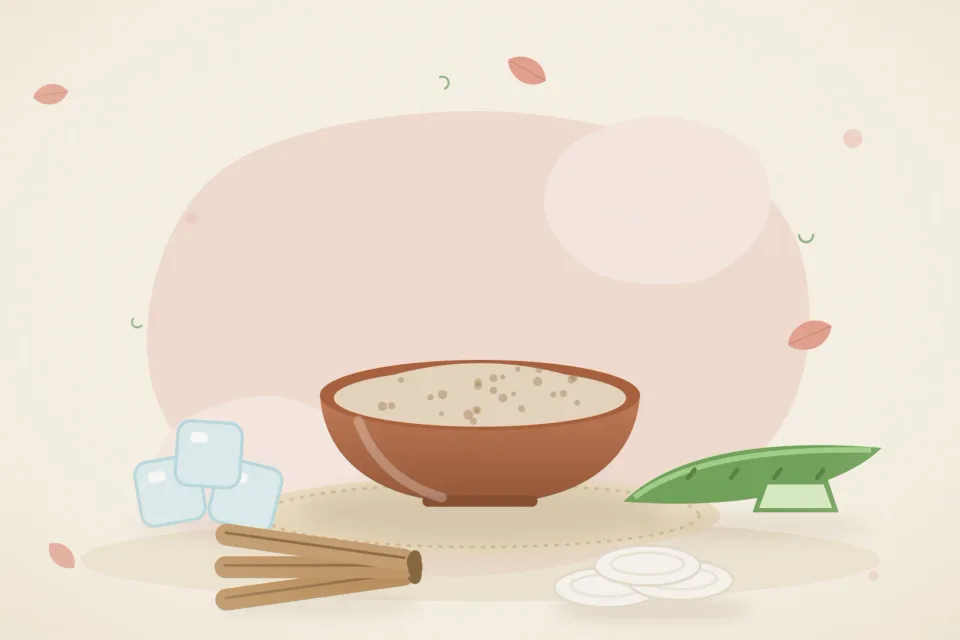 Illustrated still life with ice, aloe vera, mulethi root.