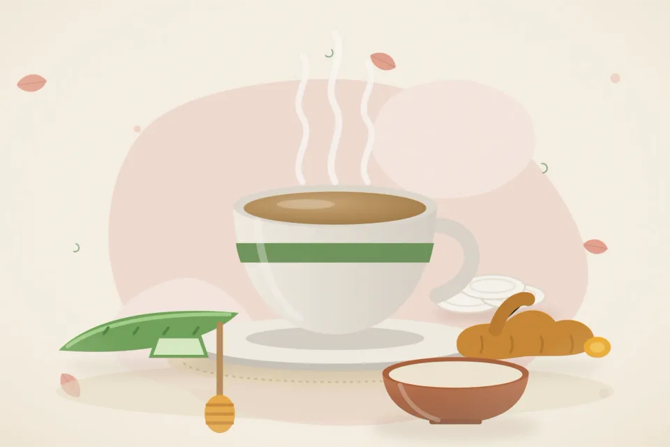 Illustrated still life with aloe vera, turmeric root, honey.