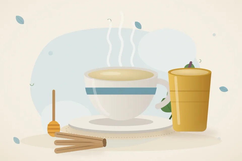 A cup of warm honey water with a honey dipper, mulethi sticks, a brass cup of turmeric milk and a sprig of tulsi on an icy-blue background