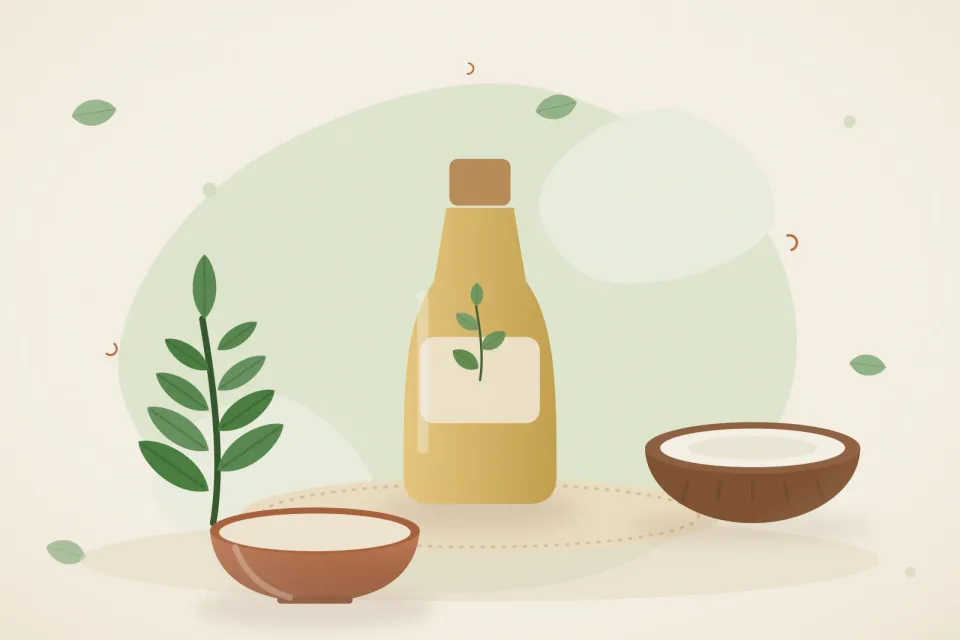 Illustrated still life with neem leaves, coconut.