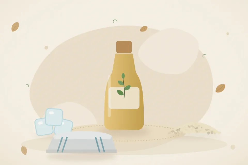 Illustrated still life with ice, sesame seeds, a folded cloth.