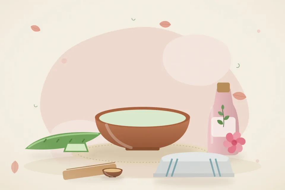 Fresh aloe vera leaf with gel in a small bowl, sandalwood sticks, rose water bottle and a folded cotton cloth on rose pink