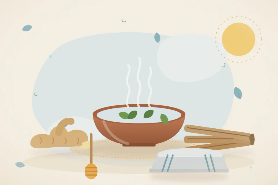 Illustrated still life with fresh ginger, mulethi root, honey.