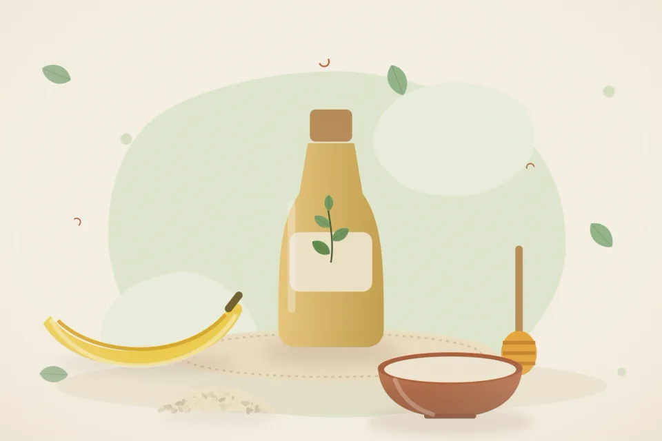 Illustrated still life with banana, honey, sesame seeds.