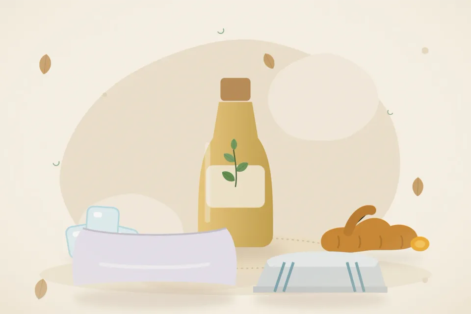 Illustrated still life with ice, turmeric root, a soft pillow, a folded cloth.