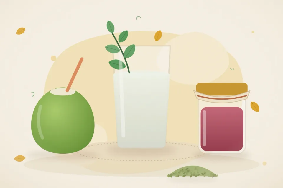 Green coconut, a glass of sabja seed drink with mint, a small jar of rose gulkand and fennel seeds on a turmeric-yellow background