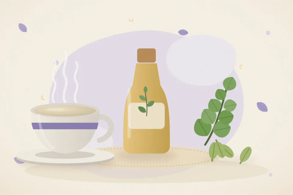 Bottle of warm sesame oil, a cup of ashwagandha milk, cardamom and a sprig of brahmi on a lavender background