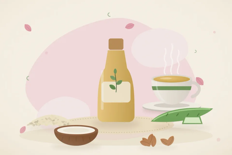 Illustrated still life with sesame seeds, aloe vera, coconut, almonds.