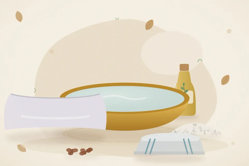 Illustrated still life with a soft pillow, rock salt, raisins.