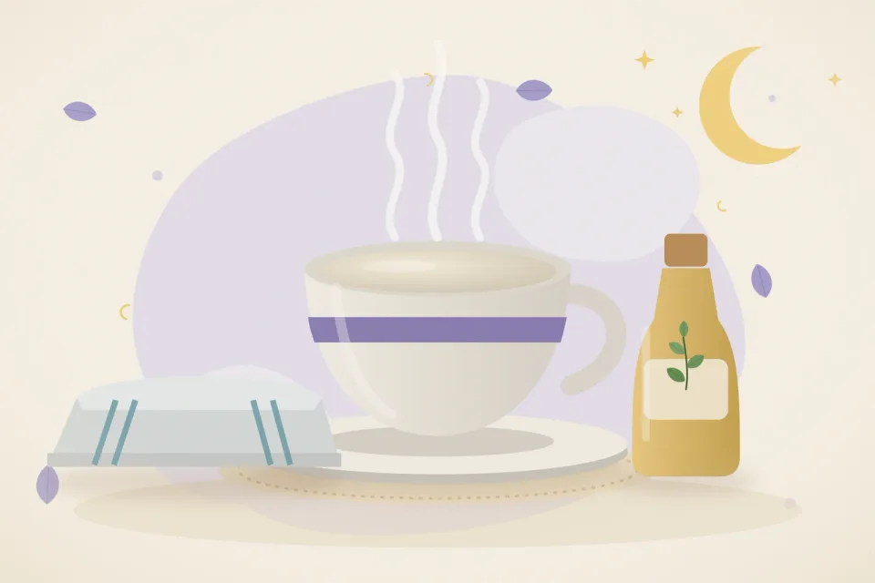 Warm folded cloth, a small bottle of sesame oil, a cup of warm milk and a crescent moon on a lavender background