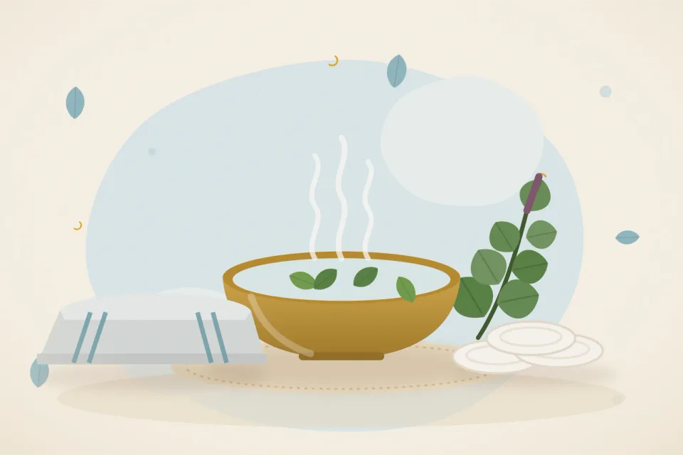 Warm cloth compress, cotton pads and a small bowl of warm water with tulsi leaves on a pale blue background
