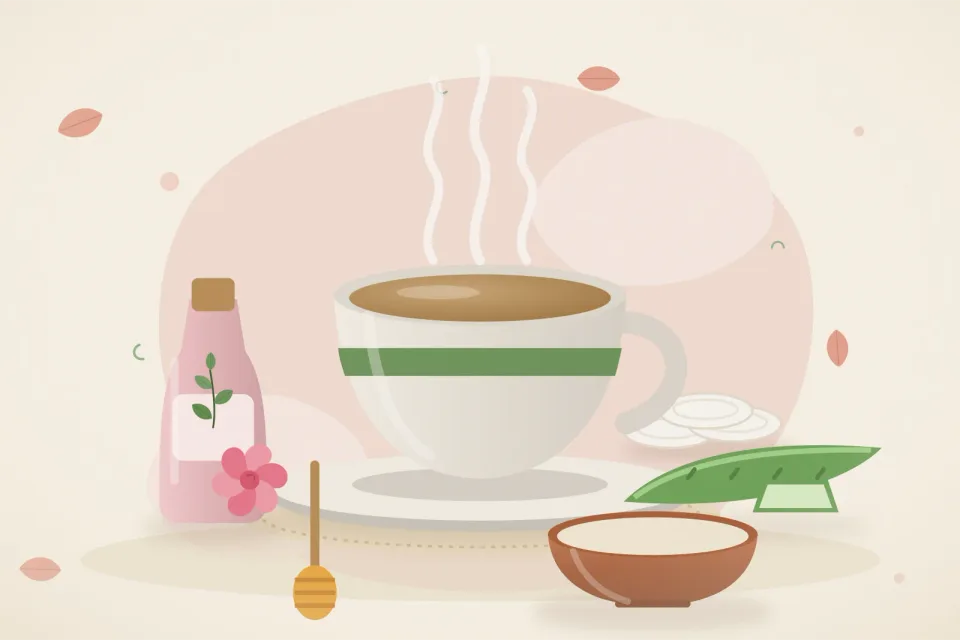 Illustrated still life with rose water, aloe vera, honey.