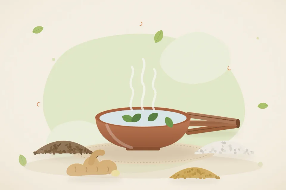 Illustrated still life with cumin seeds, rock salt, fresh ginger, fenugreek seeds, cinnamon.
