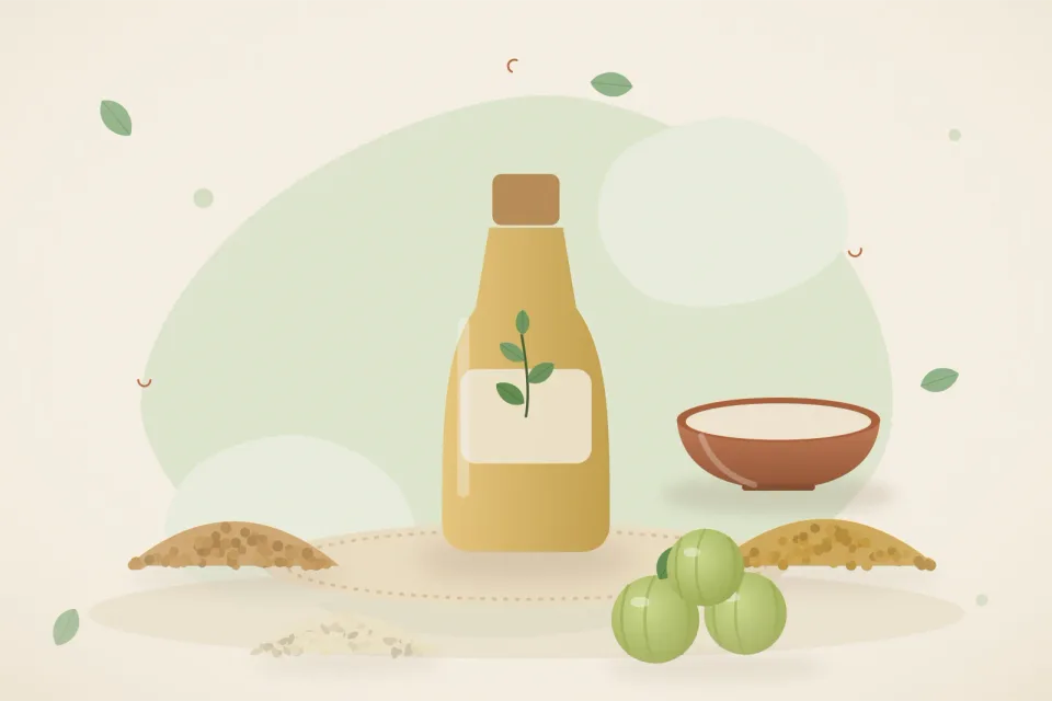 Illustrated still life with chickpeas, fenugreek seeds, sesame seeds, amla.