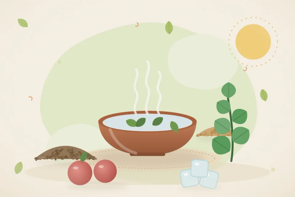 Illustrated still life with cumin seeds, mint leaves, apple, ice, chickpeas.