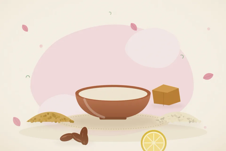 Illustrated still life with fenugreek seeds, sesame seeds, dates, lemon, jaggery.