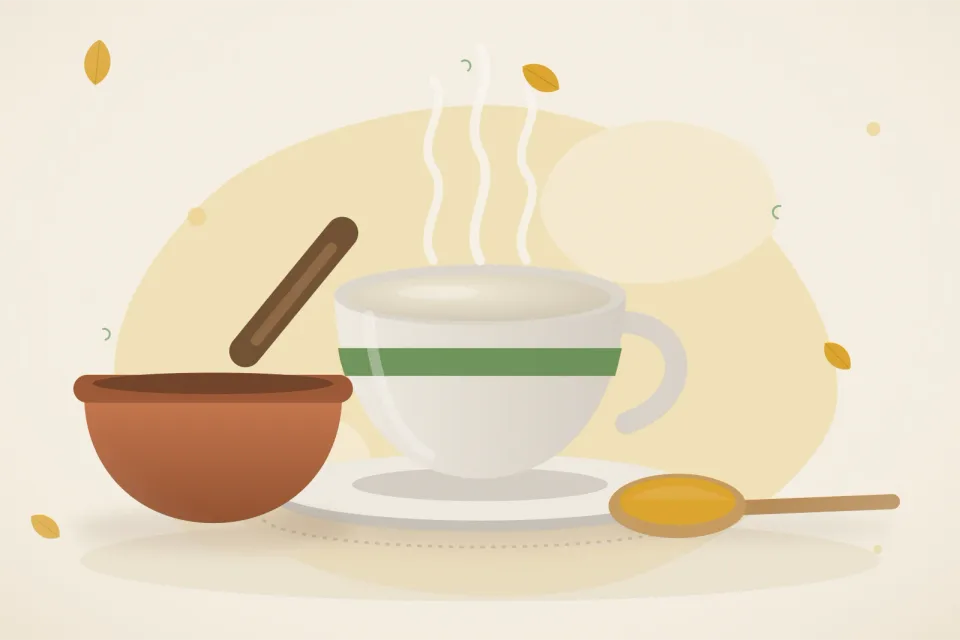 Illustrated Ayurvedic kitchen still life with a bowl, glass and traditional utensils.