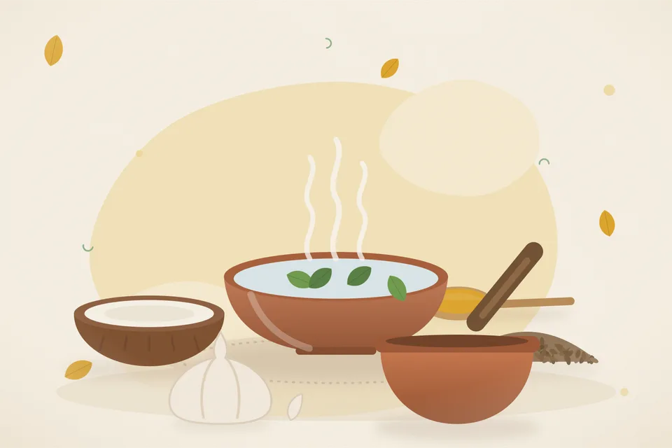 Dried kokum soaking in a bowl, thin coconut milk, cumin seeds and one garlic clove on a kitchen counter
