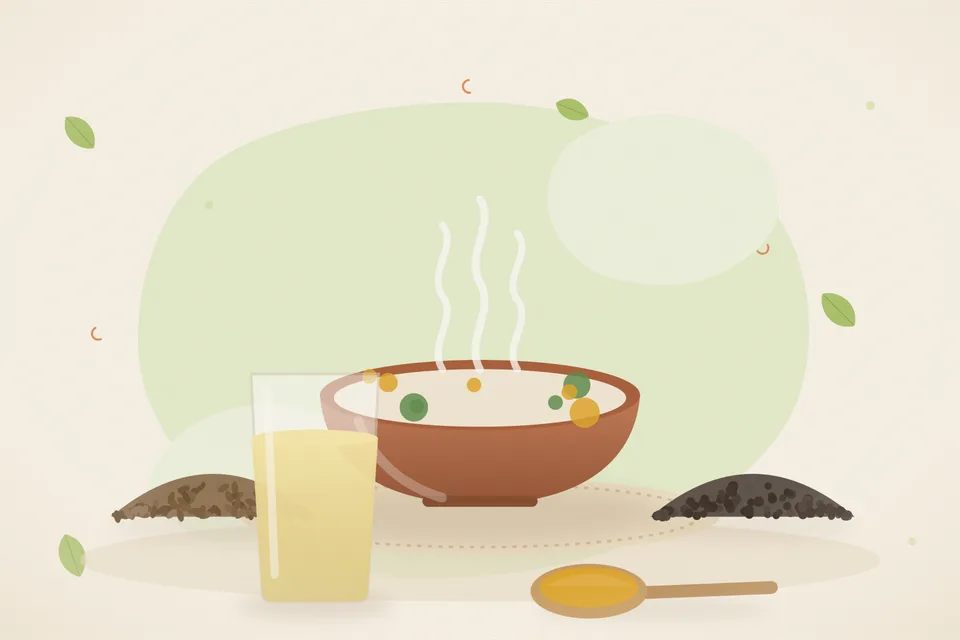 A steel bowl of pale bottle gourd soup on a kitchen table, with cumin seeds and a few black peppercorns on a small plate, warm stove light, no people or lettering.