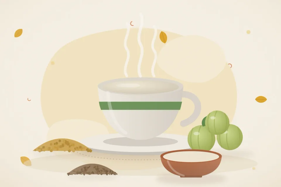 Illustrated still life with fenugreek seeds, amla, cumin seeds.