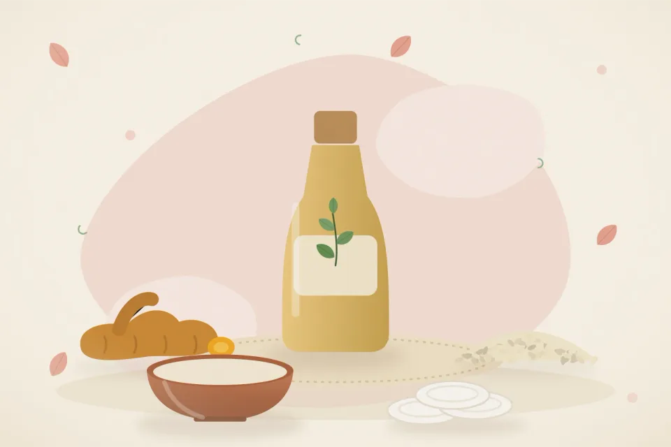Illustrated still life with turmeric root, sesame seeds.