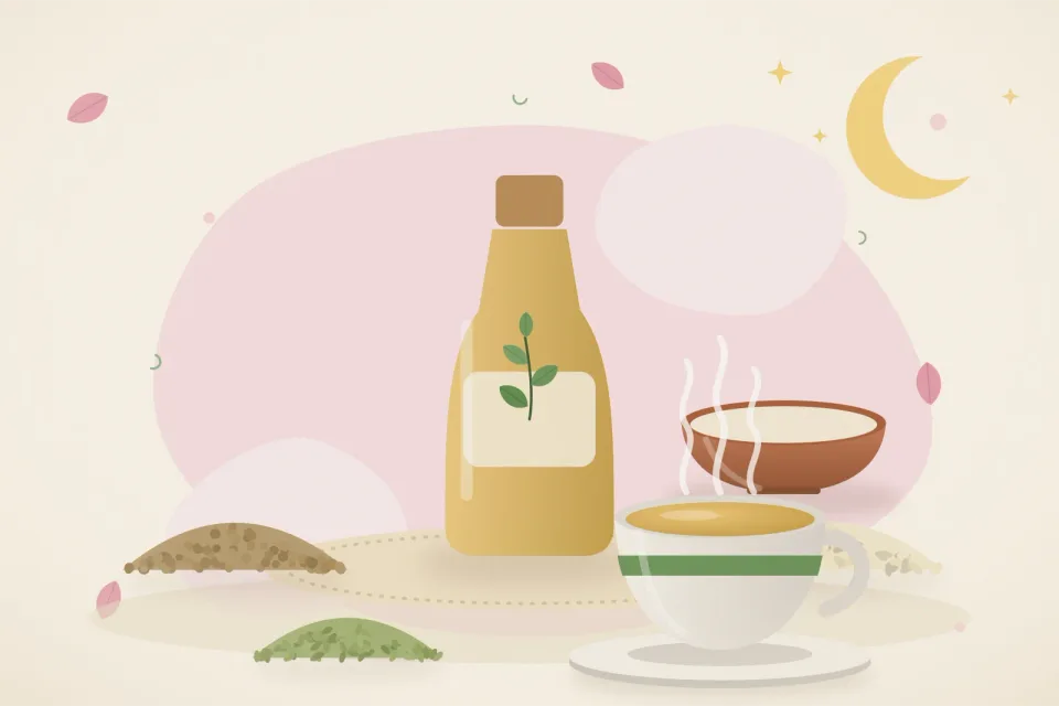 Illustrated still life with coriander seeds, sesame seeds, fennel seeds.