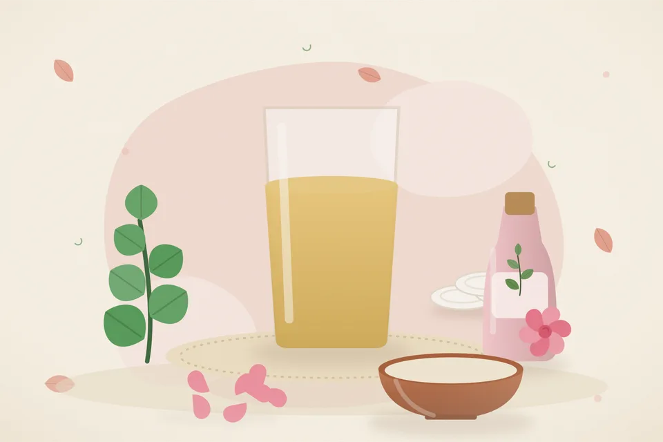 Kitchen still life of multani mitti, fresh mint leaves, and rose water in a small glass on stone, with no people and no text.