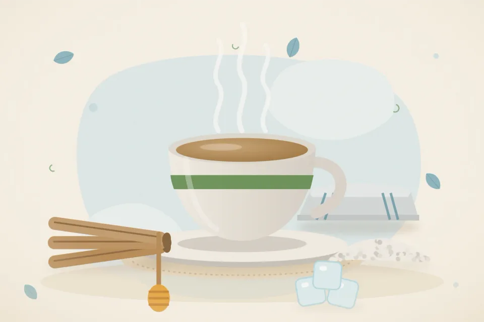 Illustrated still life with mulethi root, mishri crystals, honey, ice.