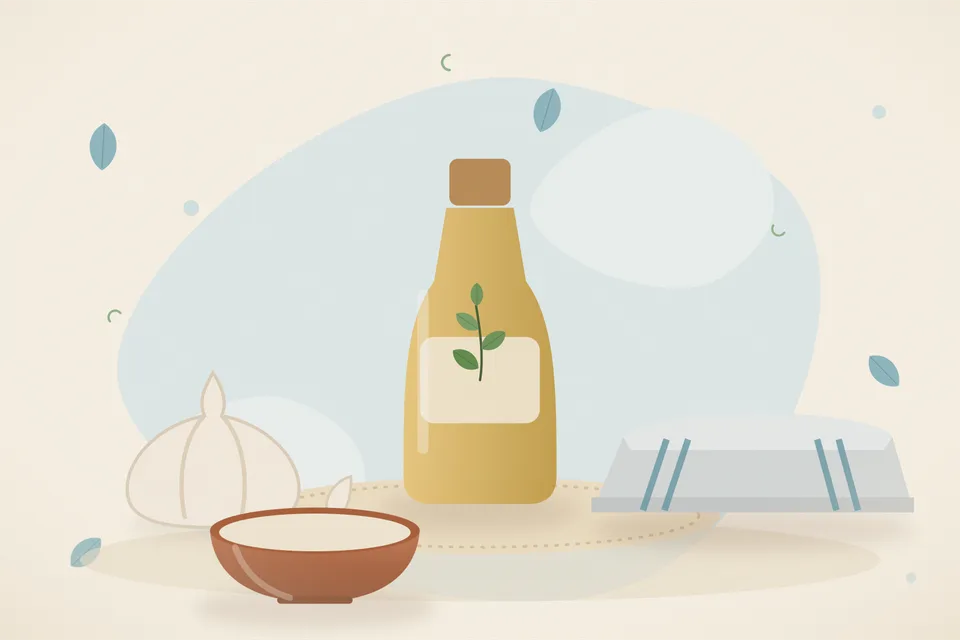 A small bowl of warm mustard oil and a peeled garlic clove on a cotton cloth, next to a pair of cotton socks.