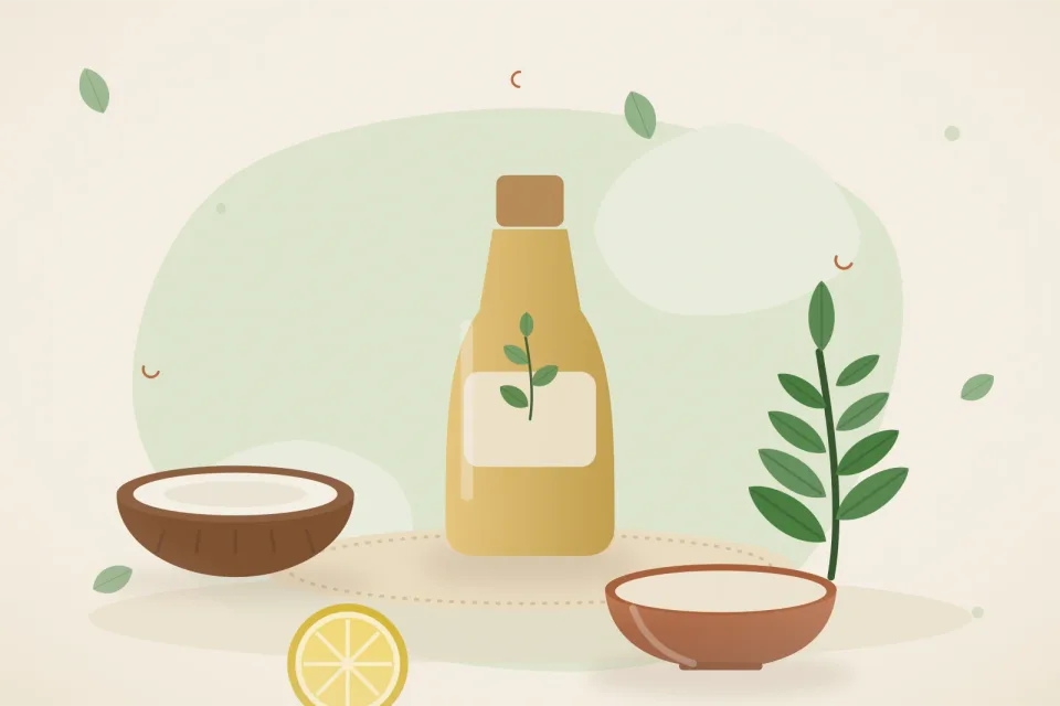 Illustrated still life with coconut, neem leaves, lemon.
