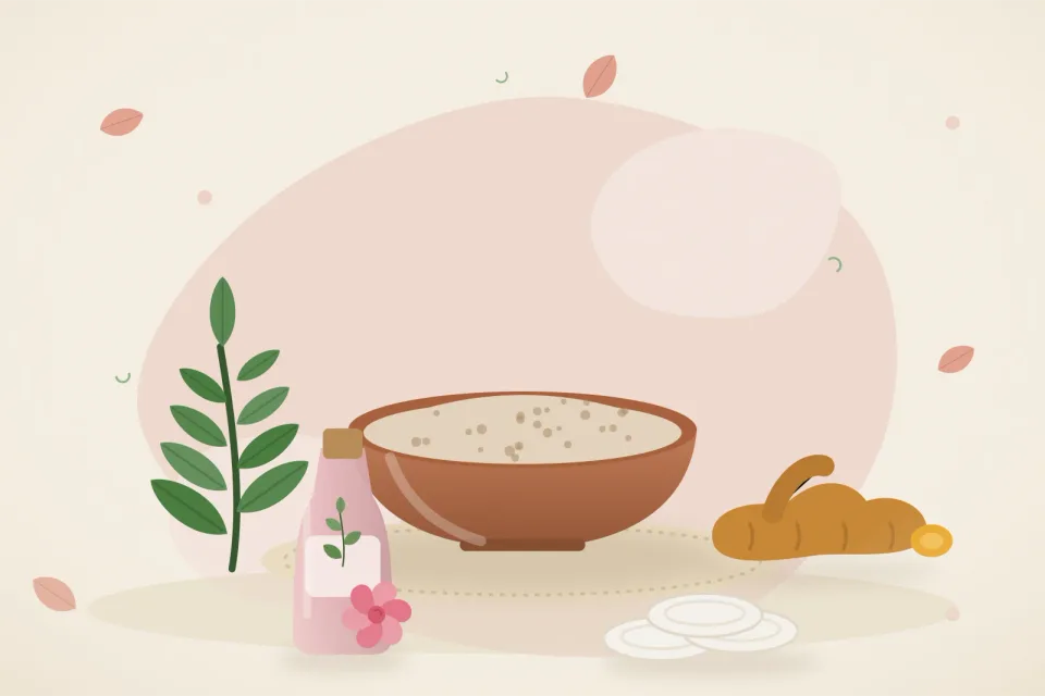Illustrated still life with neem leaves, turmeric root, rose water.