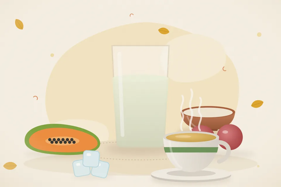 A whole guava, a few cubes of ripe papaya and a small bowl of pomegranate seeds on a steel plate, kitchen still life.