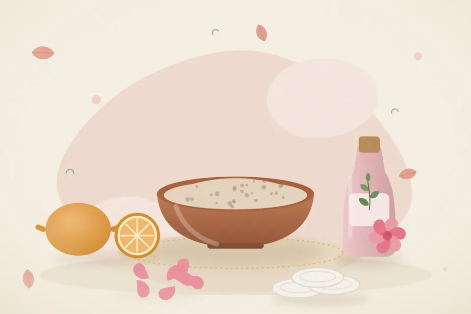 Illustrated still life with orange, rose water, rose petals.