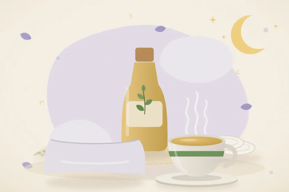 Illustrated still life with sesame seeds, cotton pads.